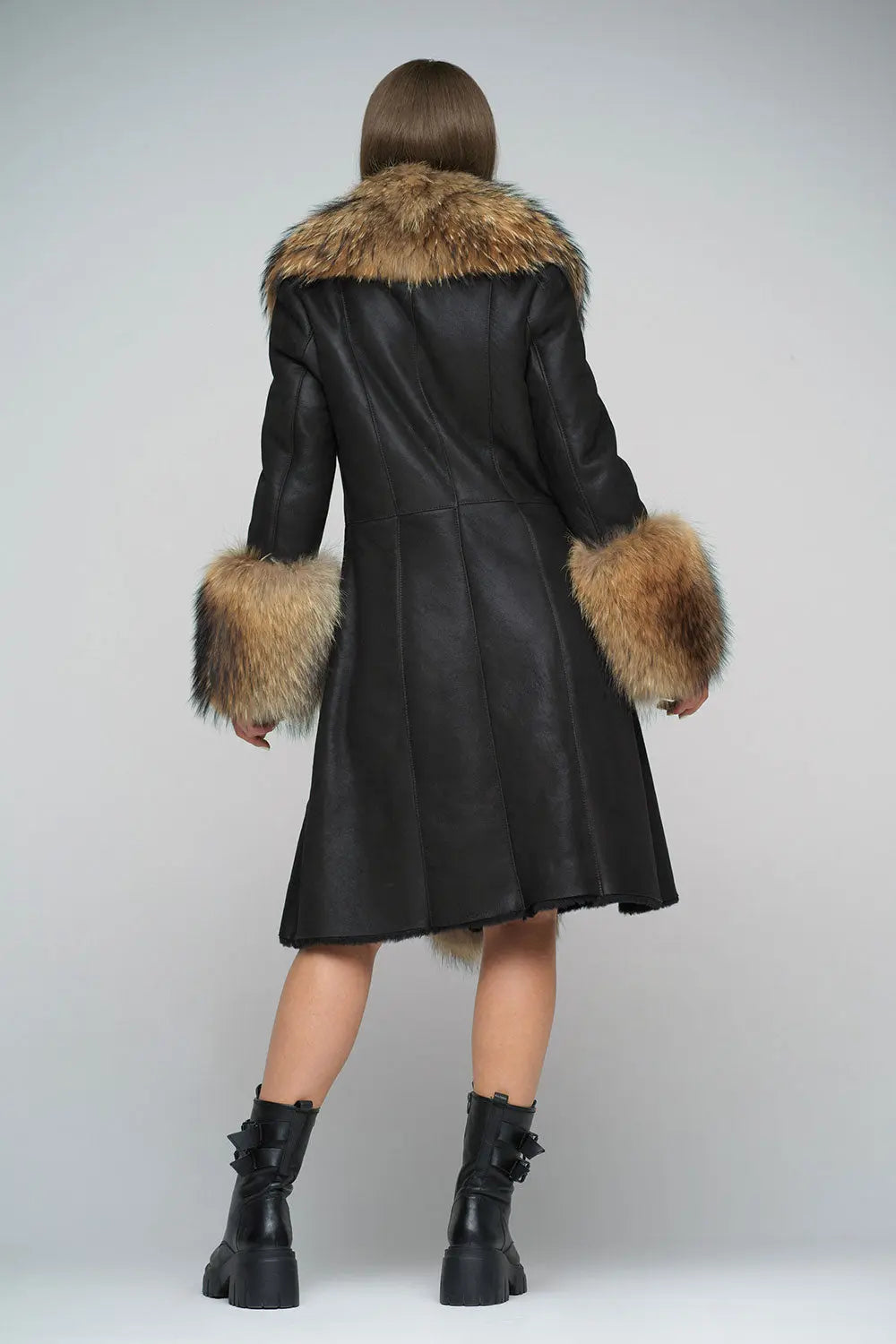 Black Genuine Maxi Sheepskin Overcoat with Arctic Raccoon Fur Detailing-1