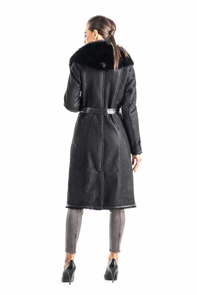 Black Genuine Merino Shearling Coat with Arctic Fox Fur Collar-1