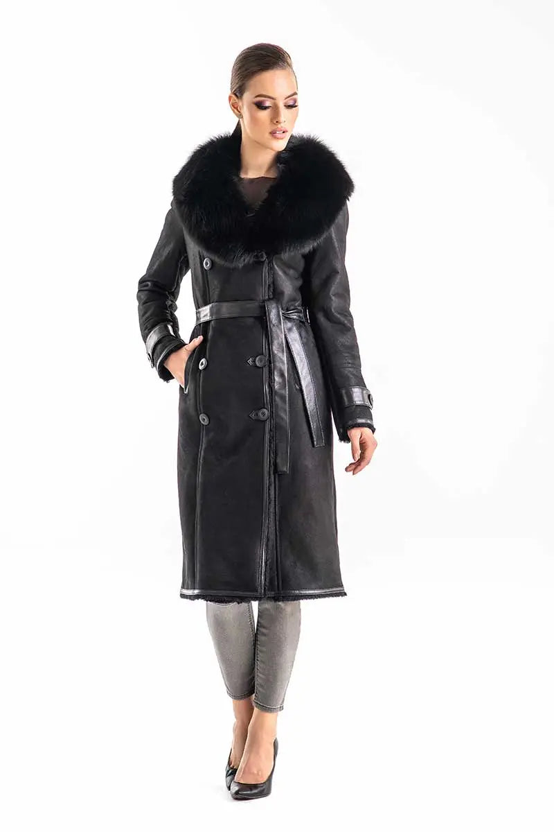 Black Genuine Merino Shearling Coat with Arctic Fox Fur Collar-2