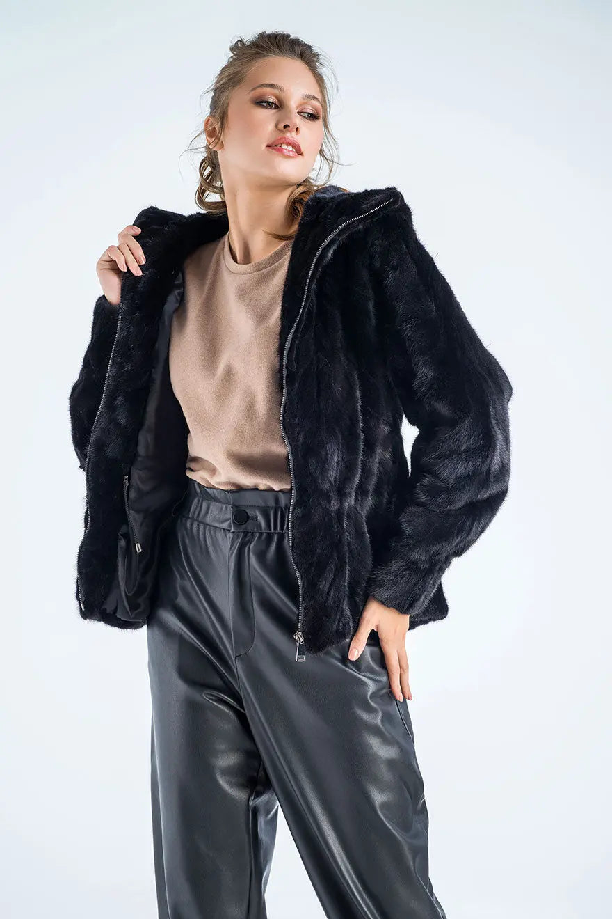 Black Genuine Mink Fur Hooded Jacket-2