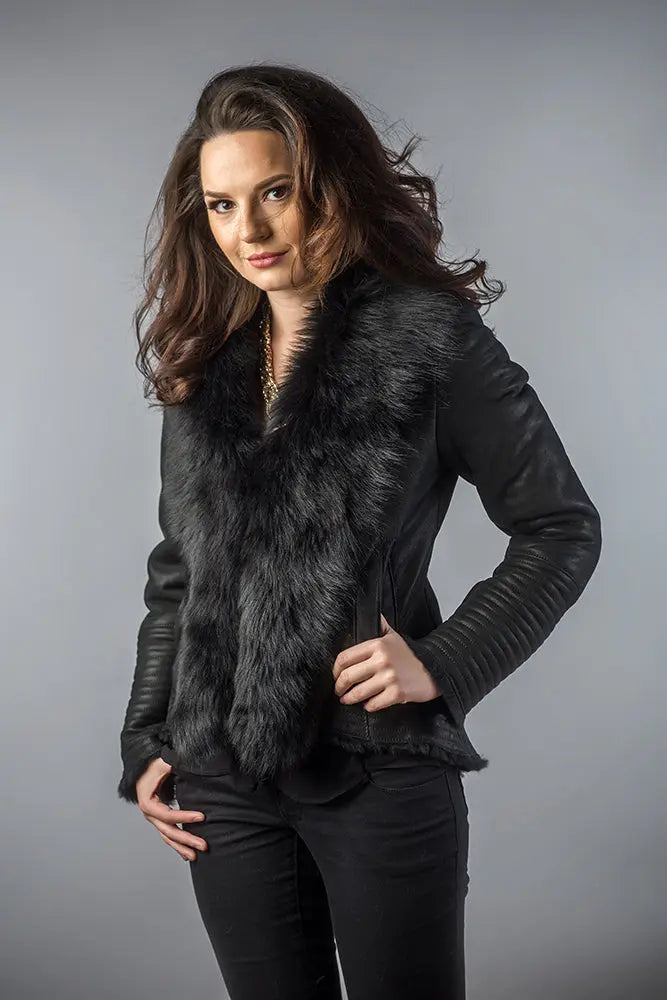 Black Lamb Nappa Leather Jacket with Merino Fur Collar-1