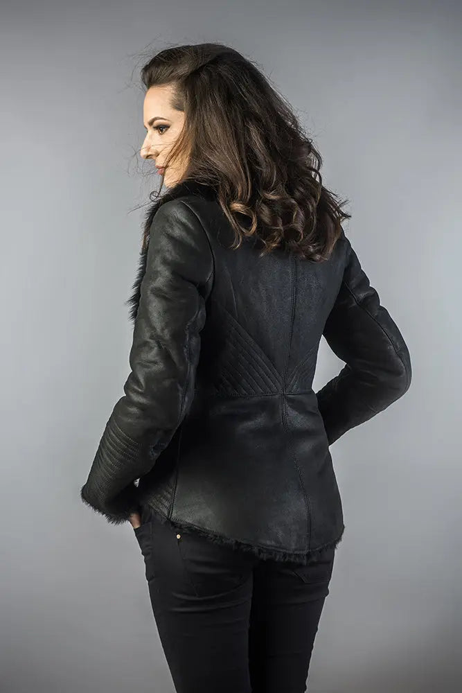 Black Lamb Nappa Leather Jacket with Merino Fur Collar-2