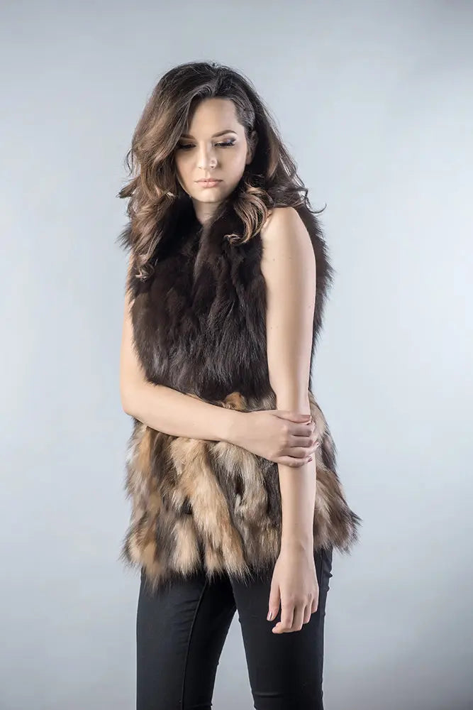 Black Light Brown Genuine Fox Fur Vest-0