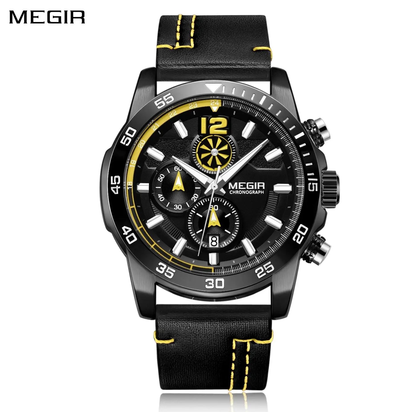 MEGIR Black Luxury Men's Wrist Watch Man Leather Strap Waterproof Chronograph Sports Men Watches Clock Hour Quartz Wristwatches-0