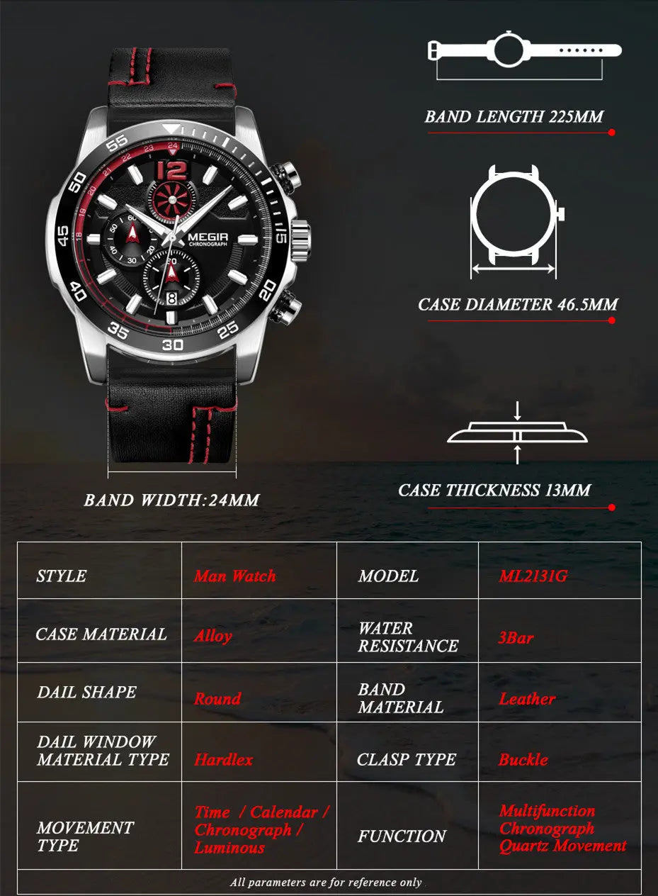 MEGIR Black Luxury Men's Wrist Watch Man Leather Strap Waterproof Chronograph Sports Men Watches Clock Hour Quartz Wristwatches-6