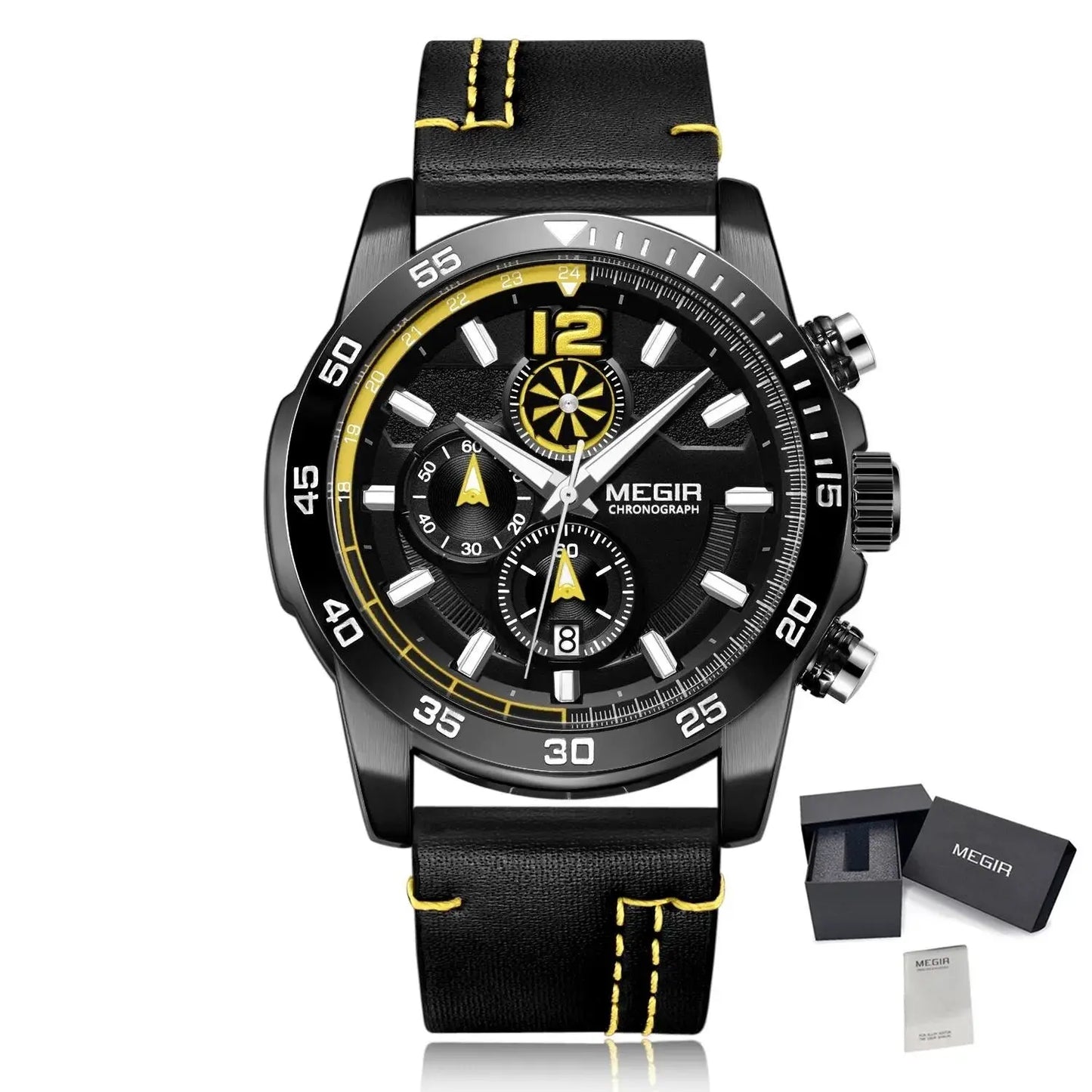 MEGIR Black Luxury Men's Wrist Watch Man Leather Strap Waterproof Chronograph Sports Men Watches Clock Hour Quartz Wristwatches-11