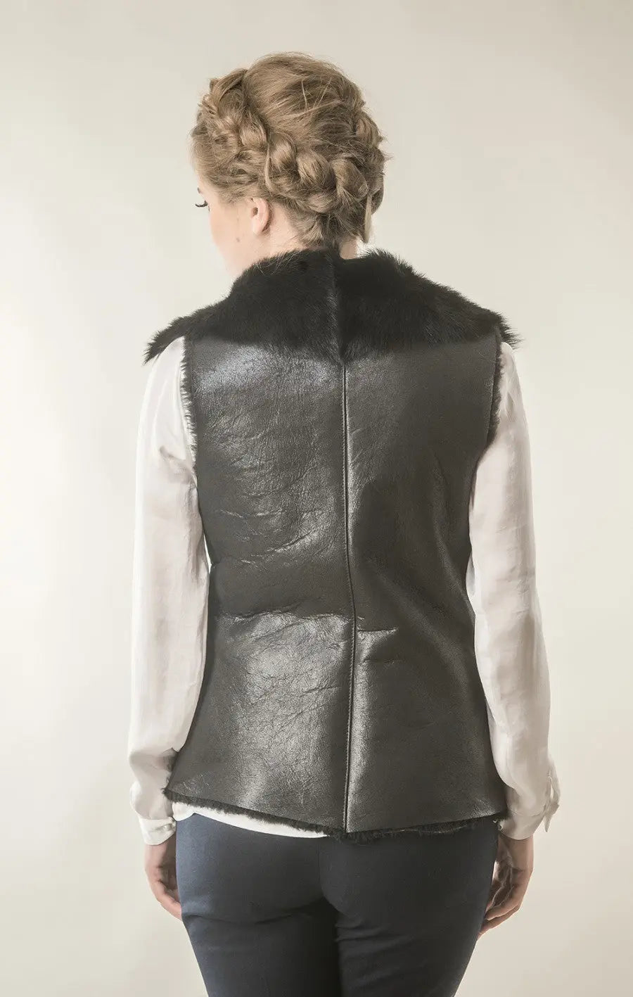 Black Merino Fur Nappa Lamb Leather Vest-1