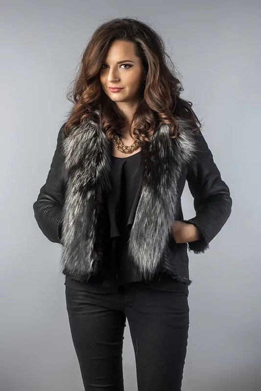 Black Merino Shearling Jacket with Arctic Fox Fur Collar-0