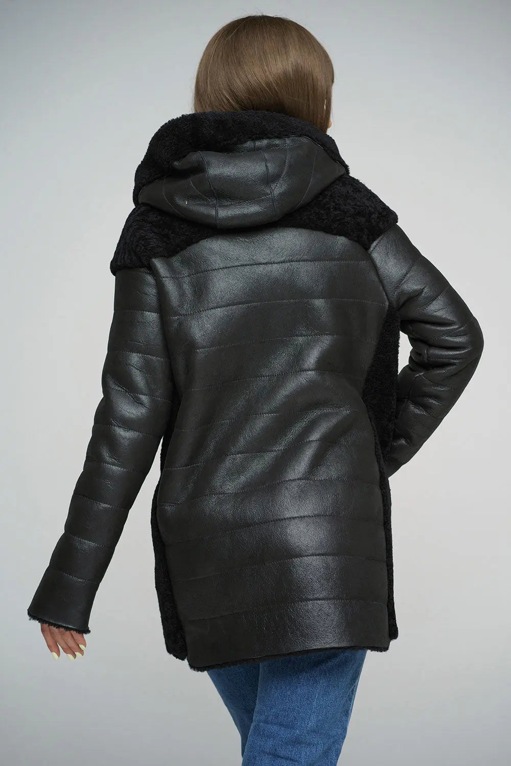 Black Natural Shearling Sheepskin Hooded Jacket-1