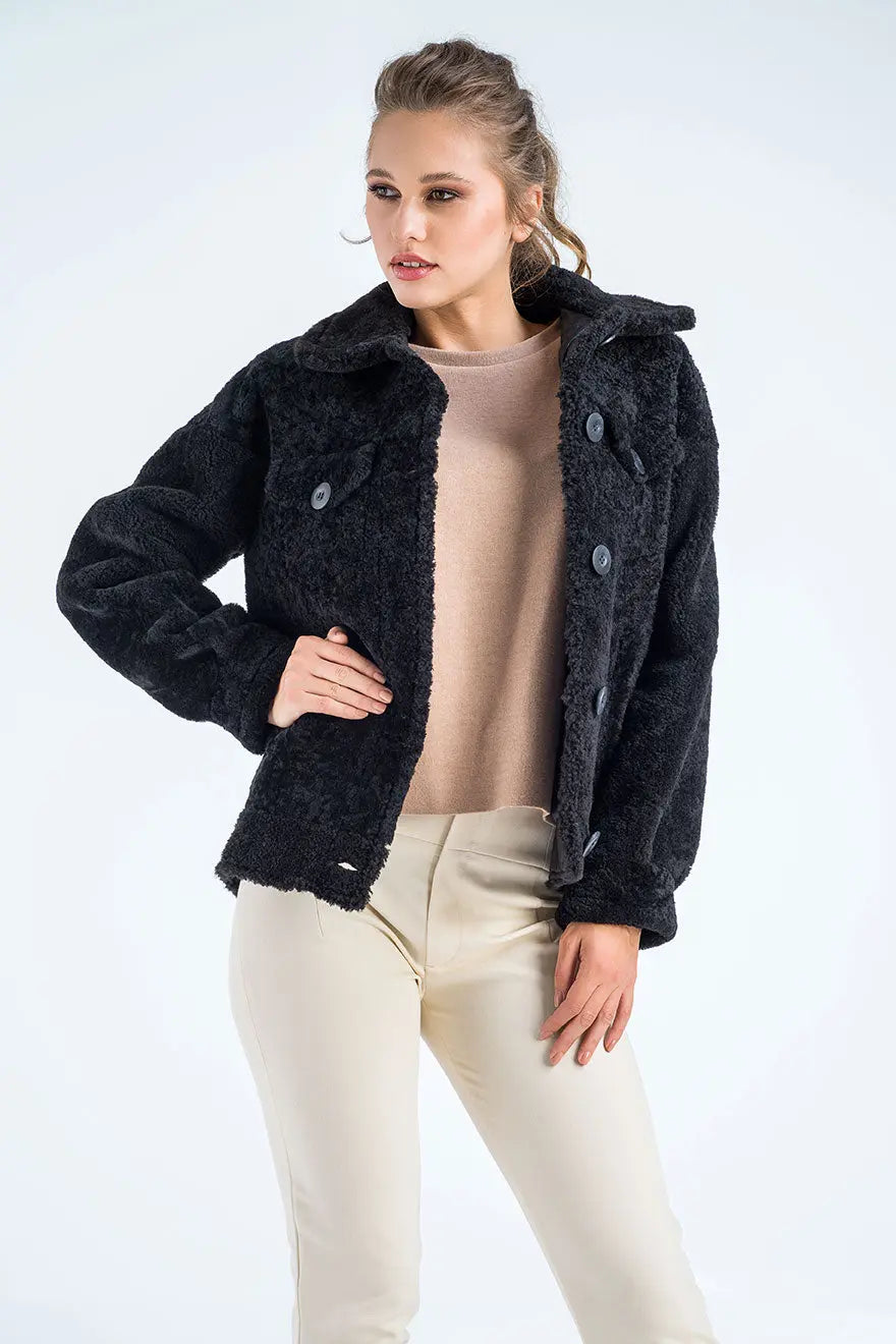 Black Natural Sheepskin Shearling Jacket-3