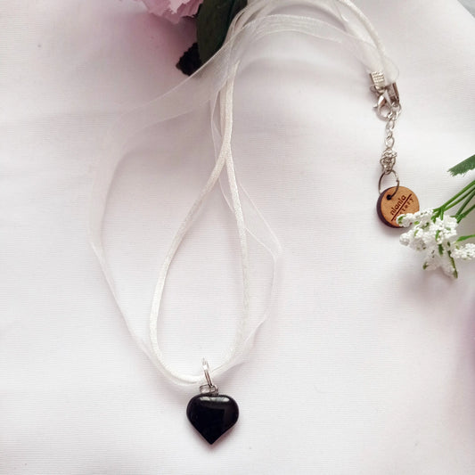 Black Onyx Necklace, White Ribbon Necklace - Memoriex