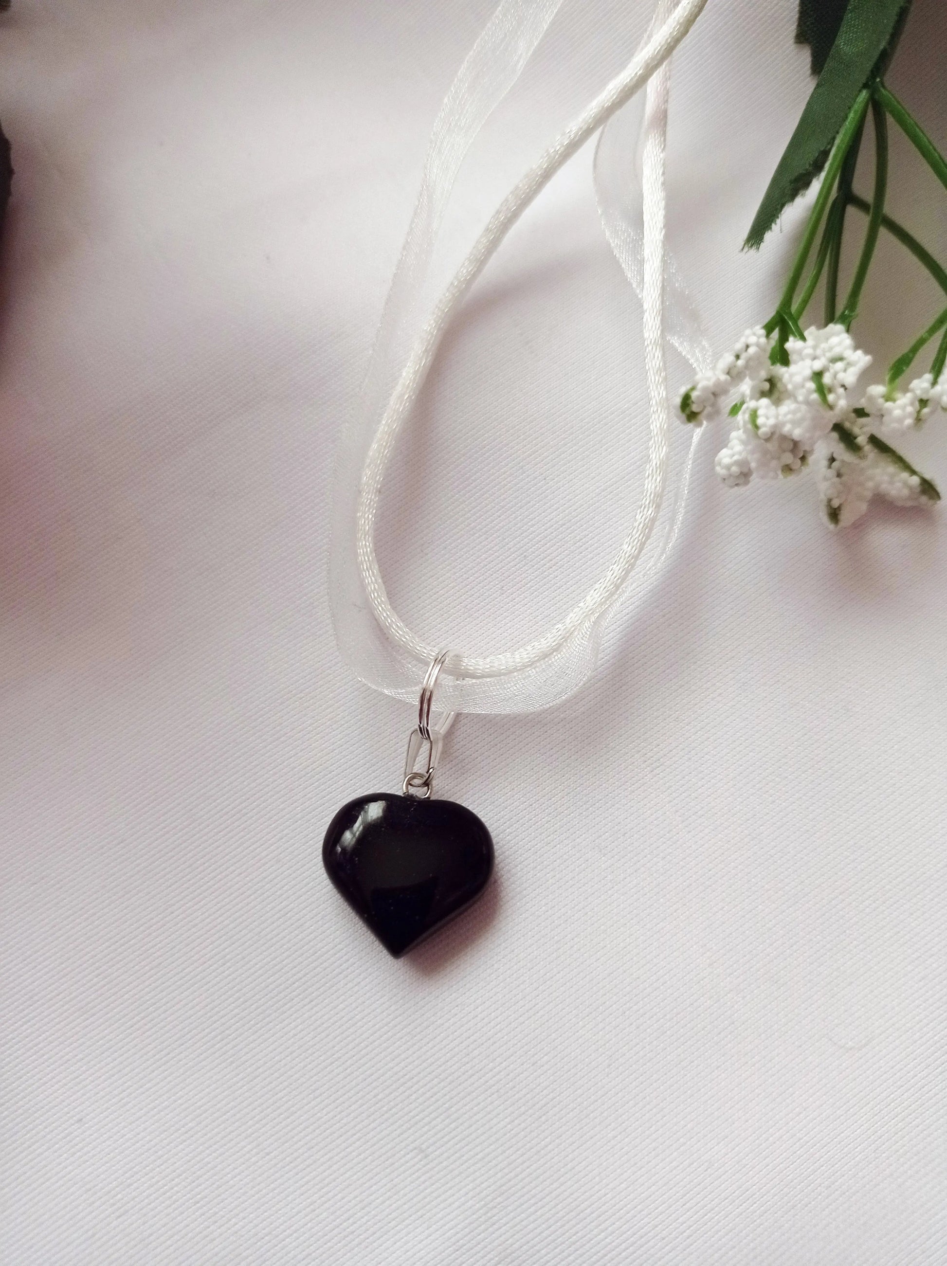 Black Onyx Necklace, White Ribbon Necklace - Memoriex