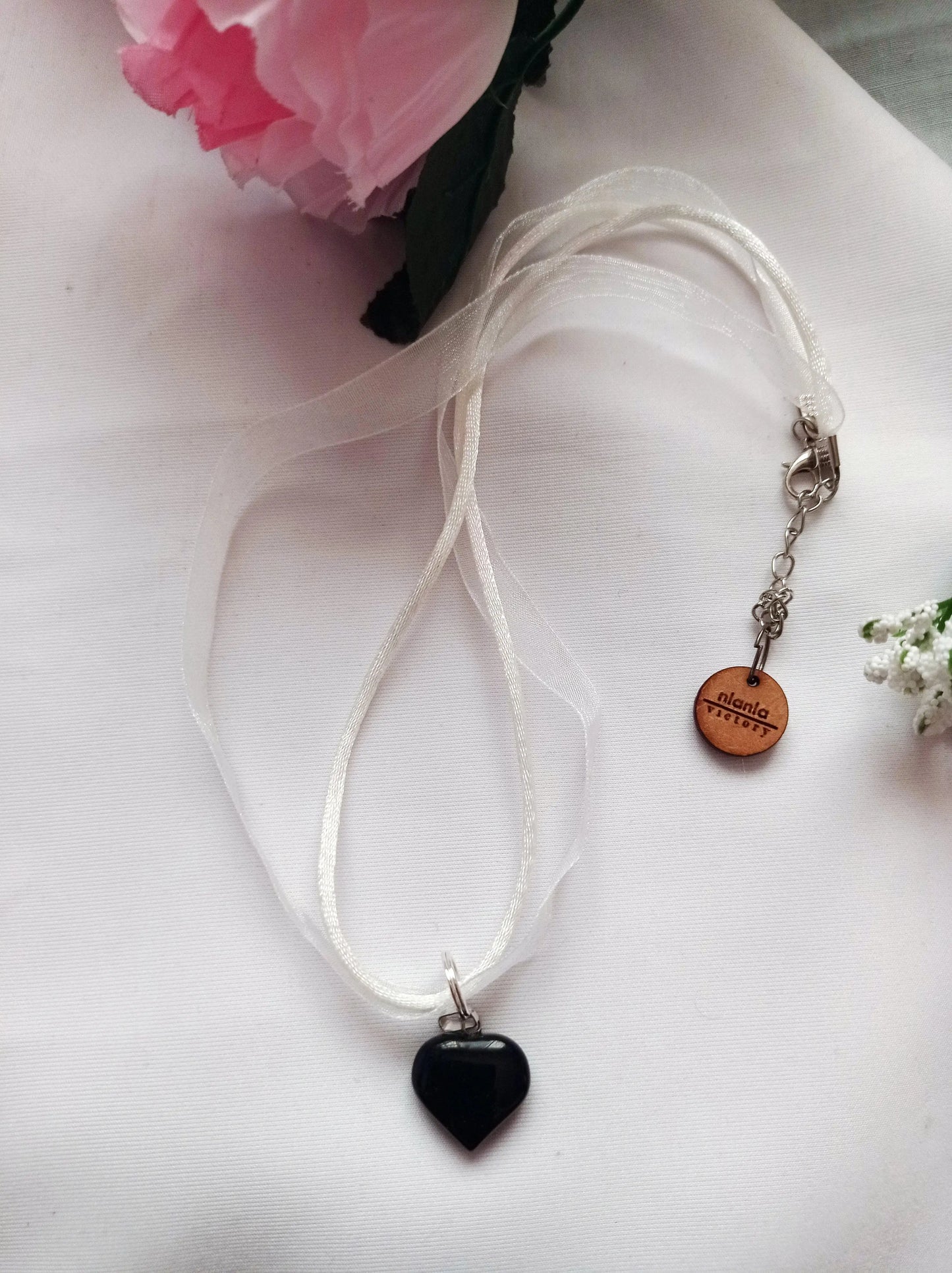 Black Onyx Necklace, White Ribbon Necklace - Memoriex