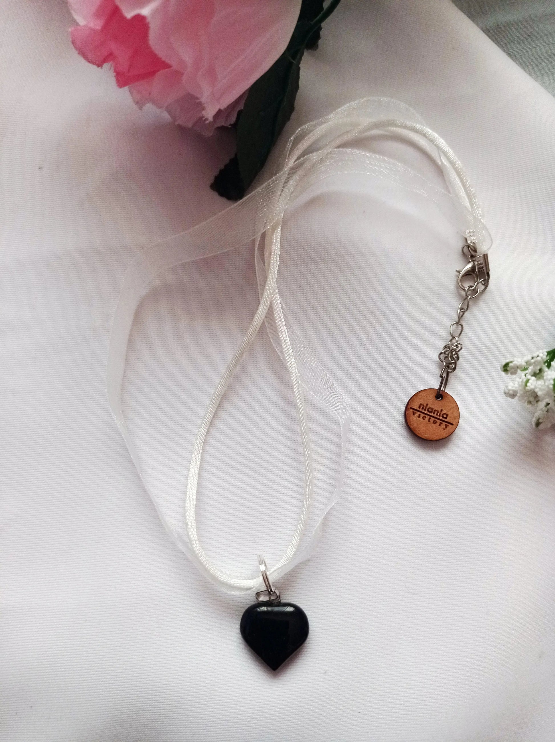 Black Onyx Necklace, White Ribbon Necklace - Memoriex