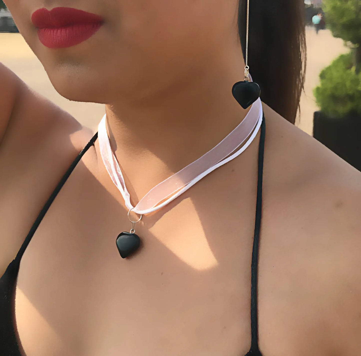 Black Onyx Necklace, White Ribbon Necklace - Memoriex