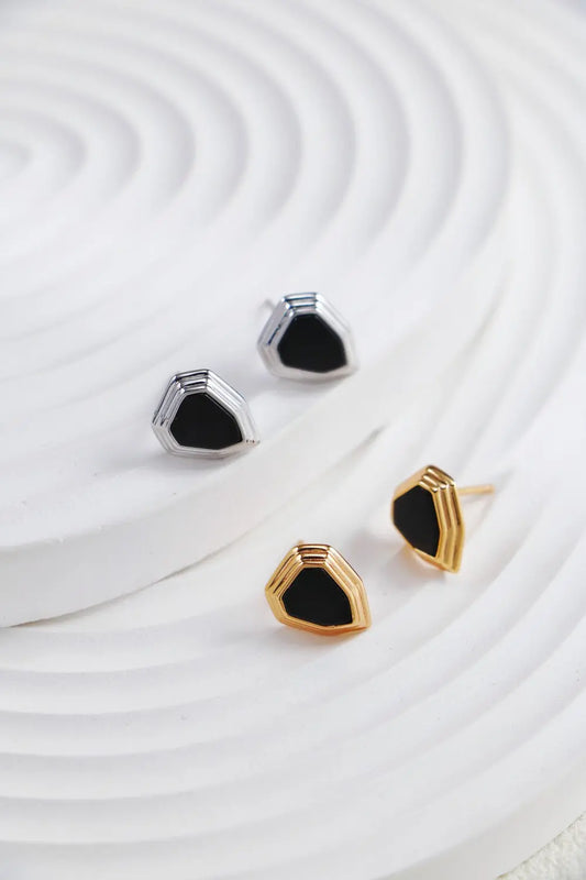 Black Onyx Shield Stud Earrings-0