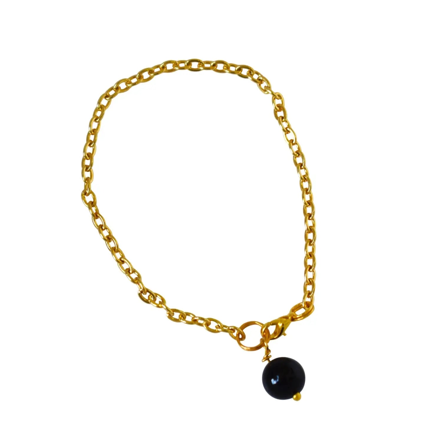 Black Onyx and pearl adjustable bracelet or anklet on gold plated chain - Memoriex