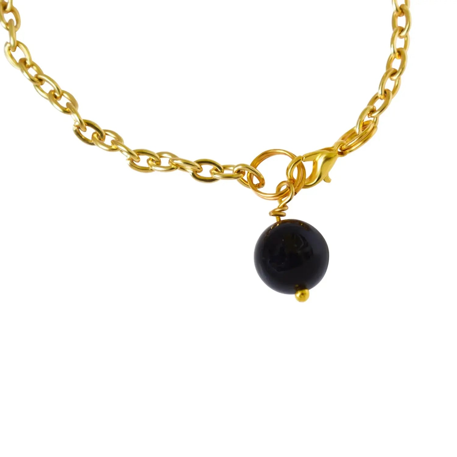 Black Onyx and pearl adjustable bracelet or anklet on gold plated chain - Memoriex