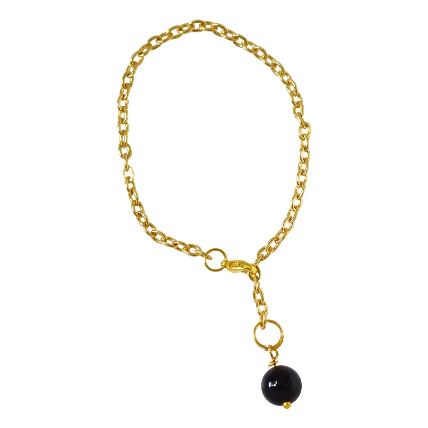 Black Onyx and pearl adjustable bracelet or anklet on gold plated chain - Memoriex