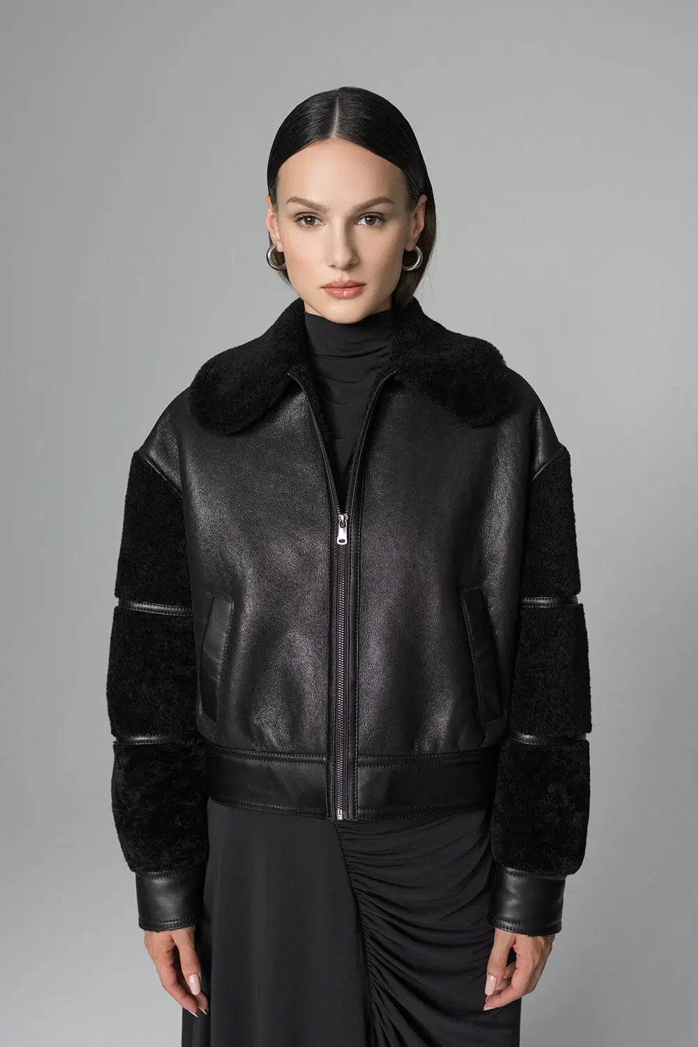 Black Oversized Shearling Leather Jacket - Memoriex 