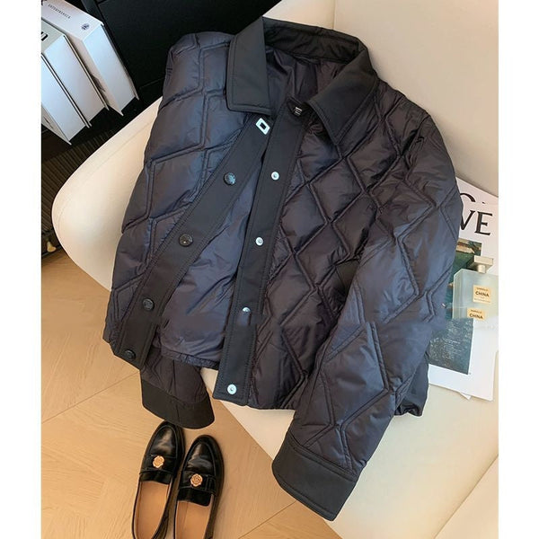 Black Rhombus Polo Collar Cotton-padded Jacket - Memoriex 