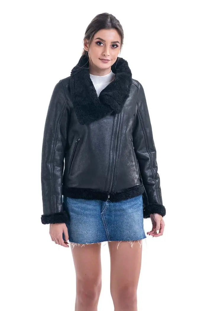 Black Shearling Leather Jacket with Merino Fur Detailing-0