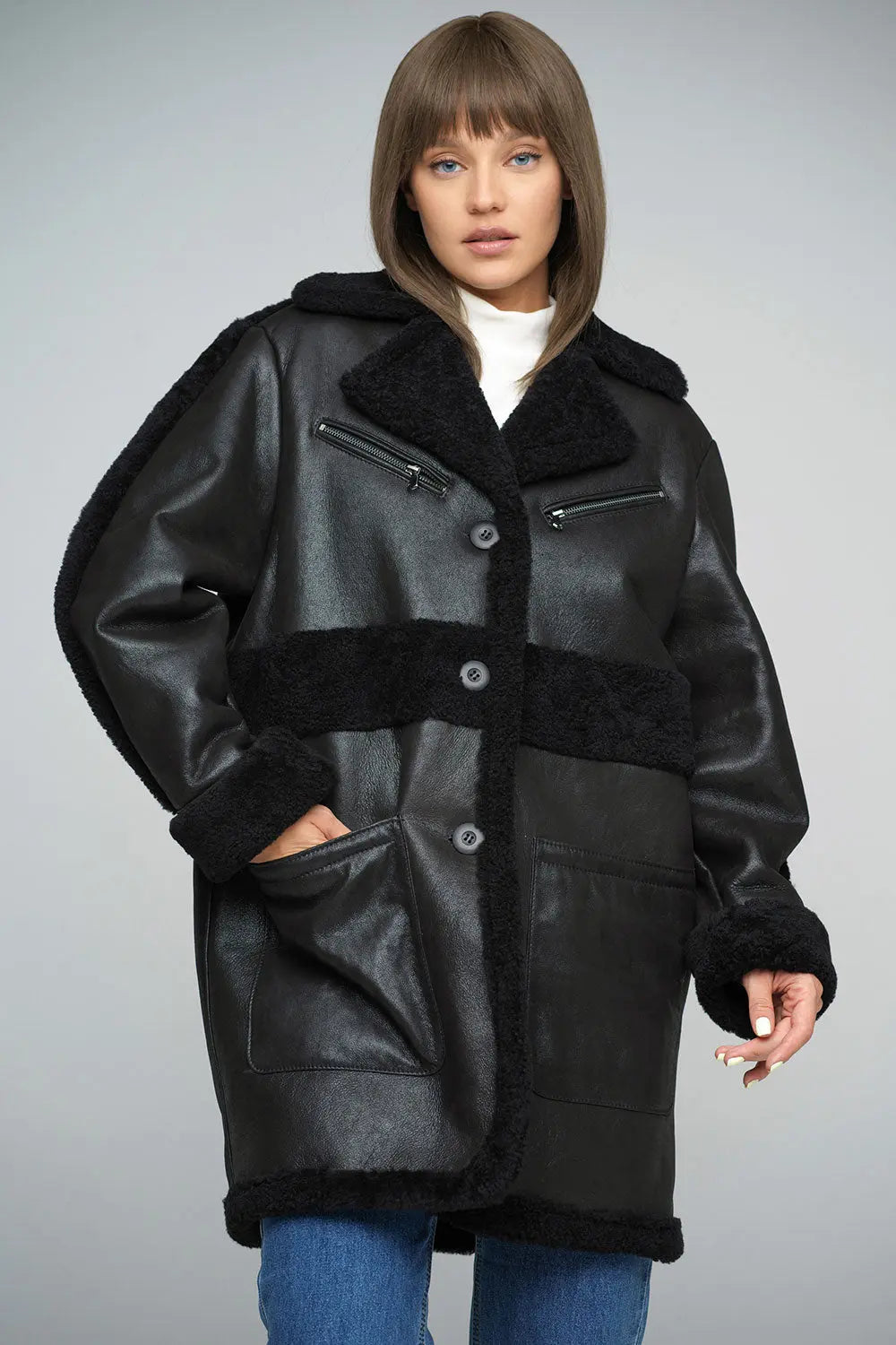 Black Sheepskin Bomber Jacket-1