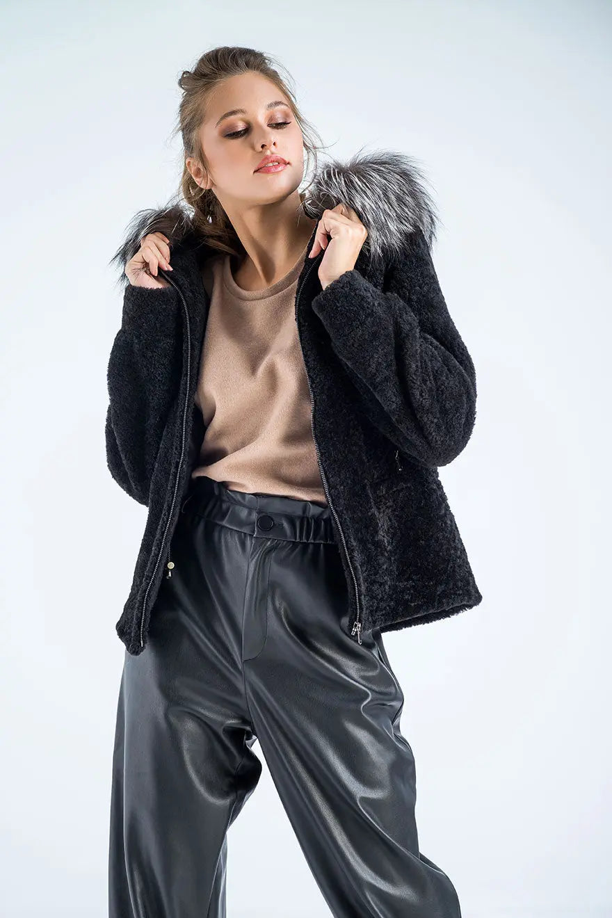 Black Sheepskin Hooded Jacket with Arctic Fox Fur Detailing-2