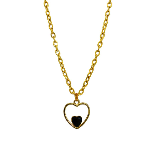 Black heart enamel pendant necklace on 18 inch gold plated chain - Memoriex