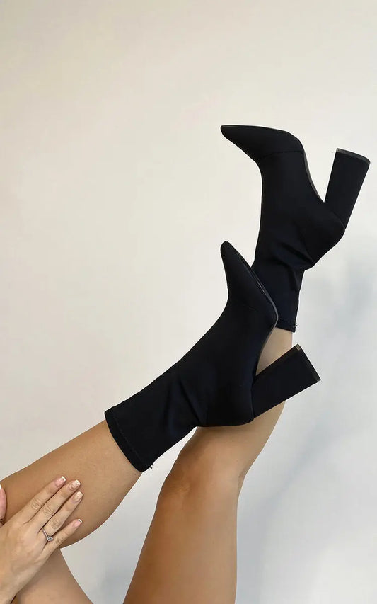 Block Heel Ankle Pointed Boots - Memoriex 