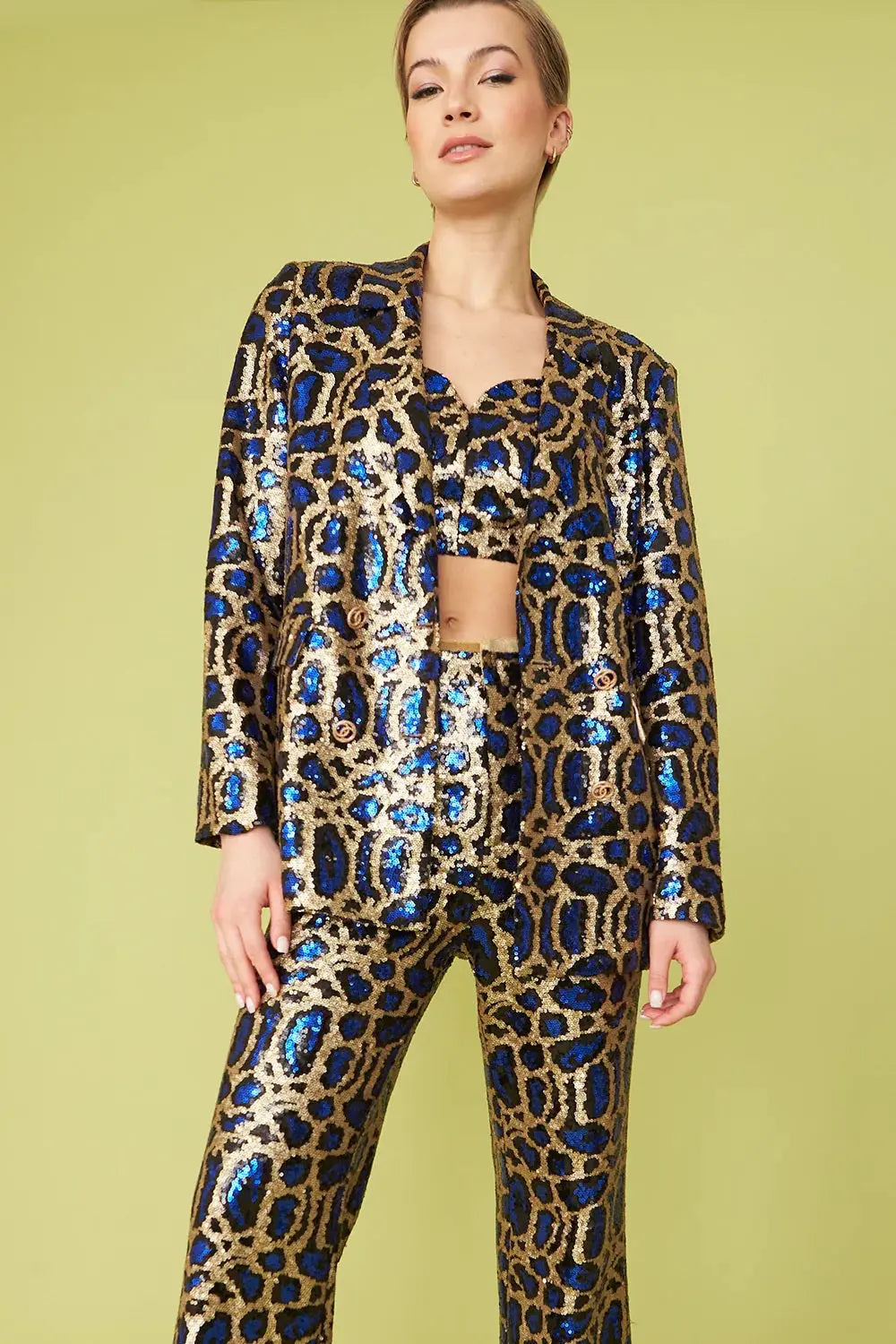 Blue Bamboo Animal Print Sequin Blazer-0