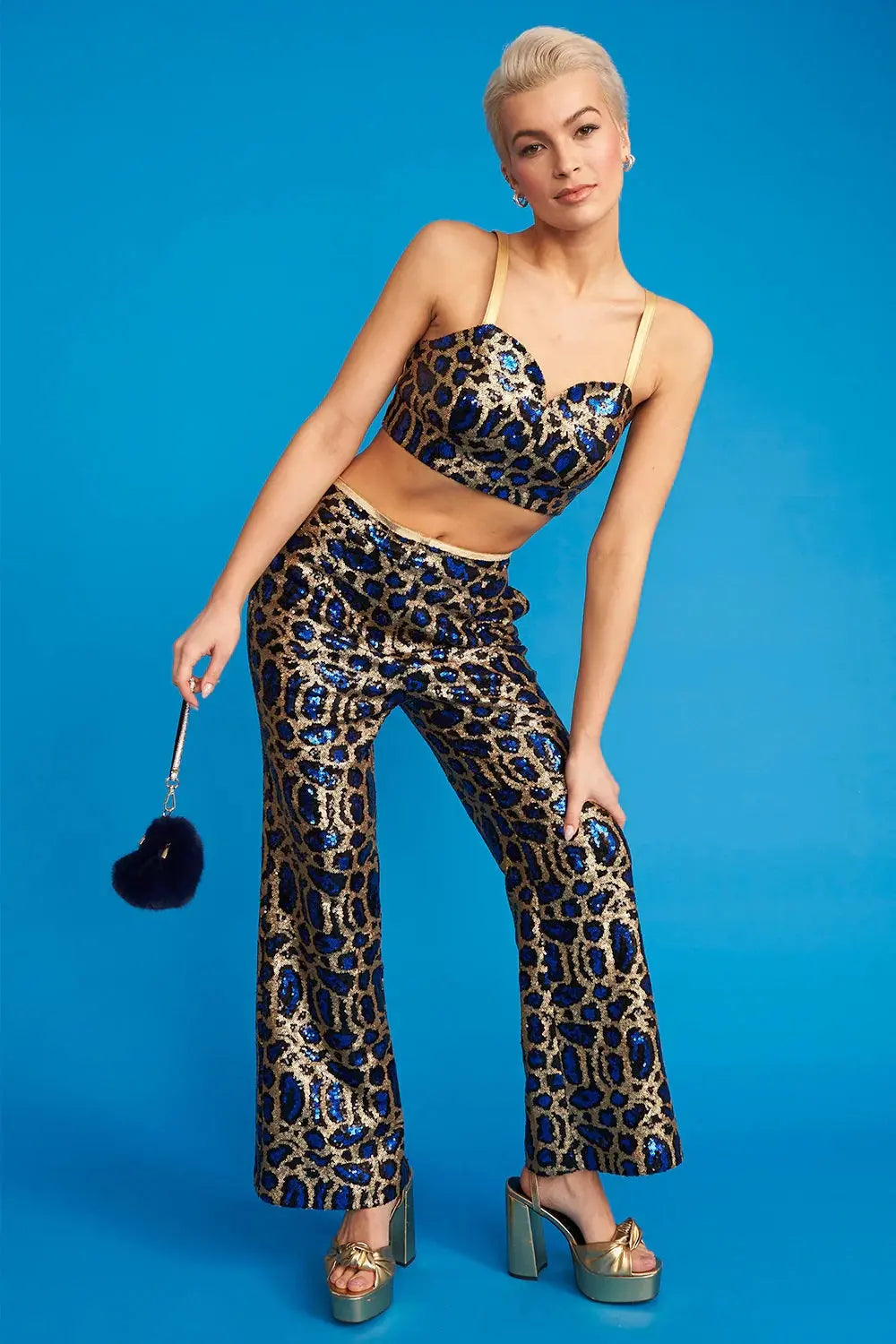 Blue Bamboo Animal Print Sequin Trousers-2