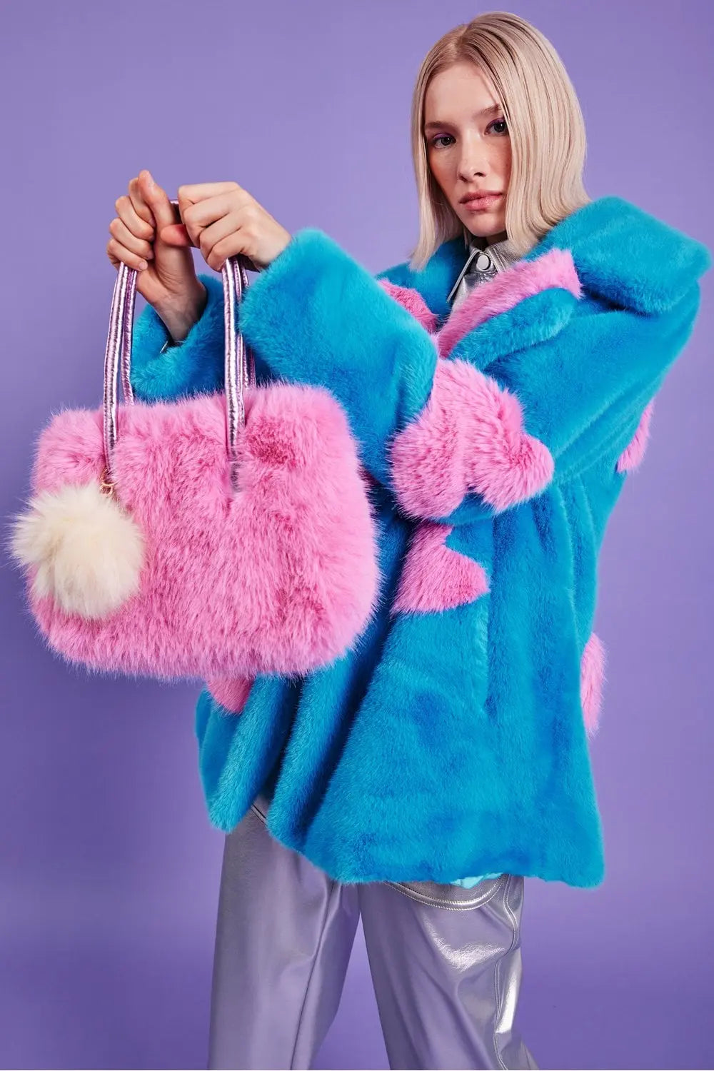 Blue Eco Bamboo Faux Fur Coat with Love Heart Detailing-5