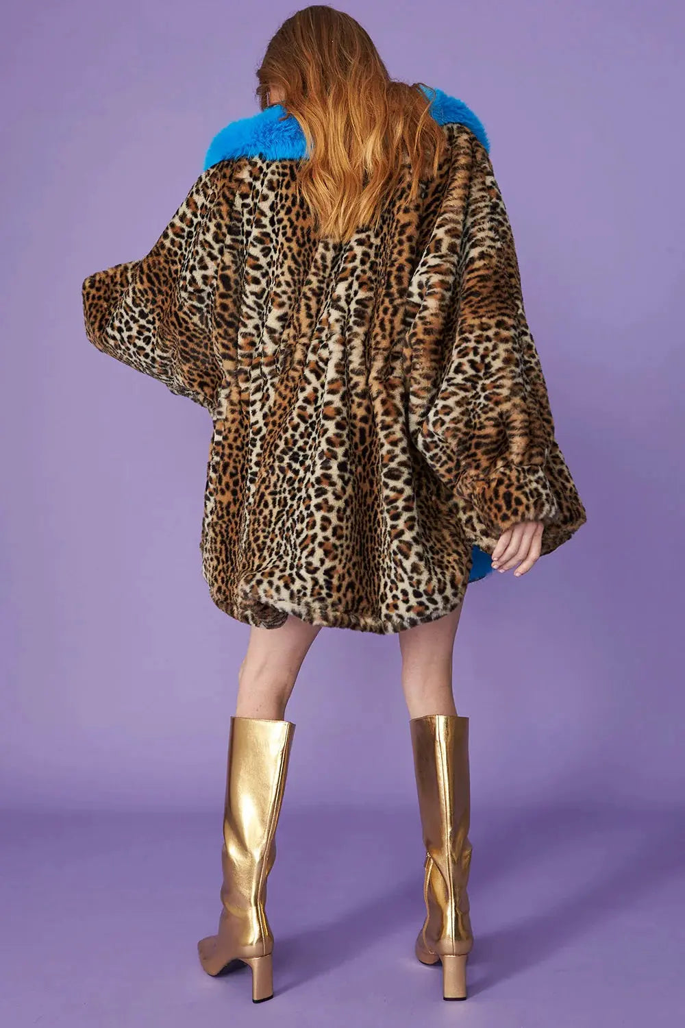 Blue Faux Fur Leopard Print Swing Coat-2