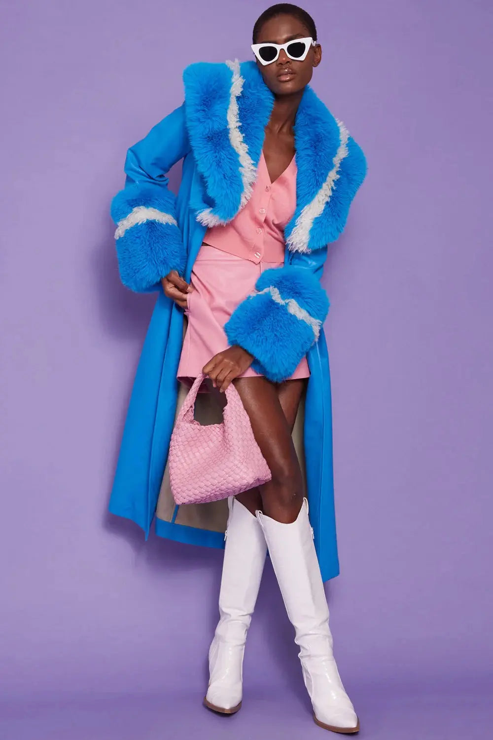 Blue Faux Leather Trench Coat with Faux Fur Collar-0