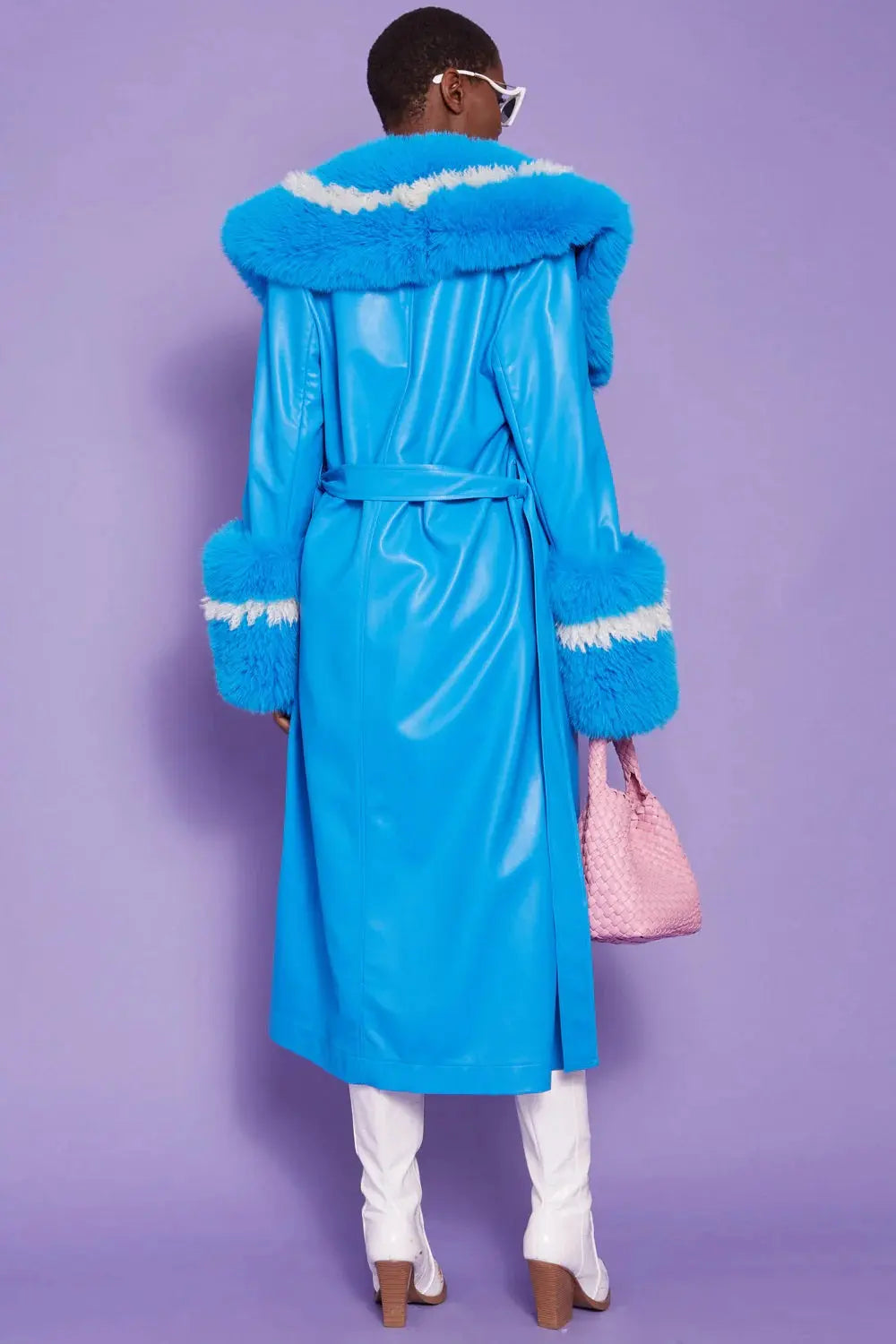 Blue Faux Leather Trench Coat with Faux Fur Collar-2