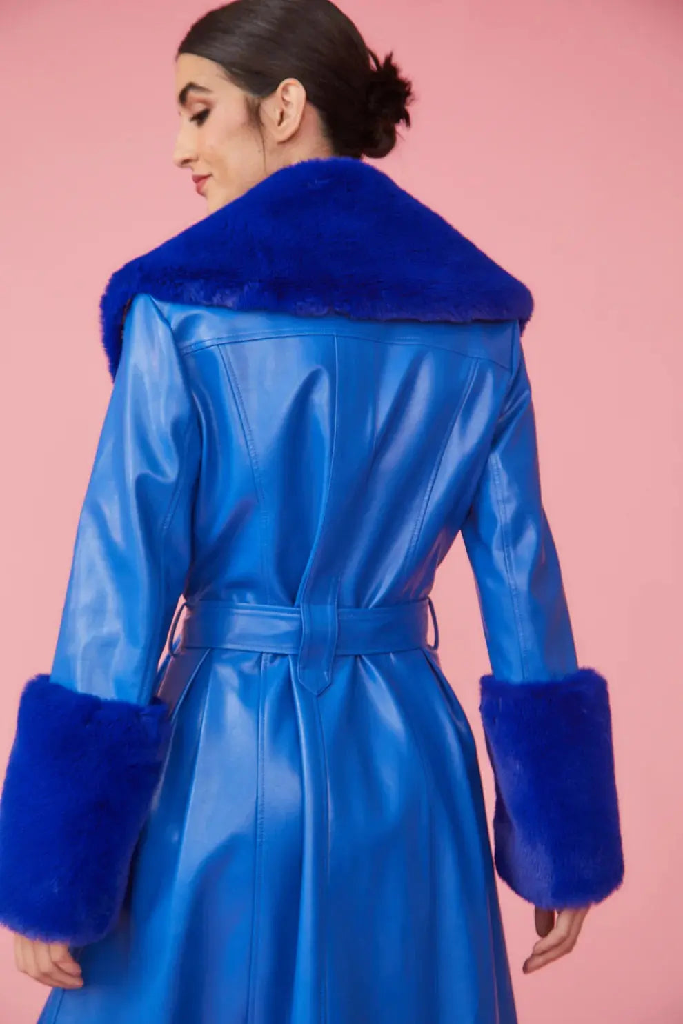 Blue Faux Leather Trench Coat with Faux Fur Collar and Cuffs-3