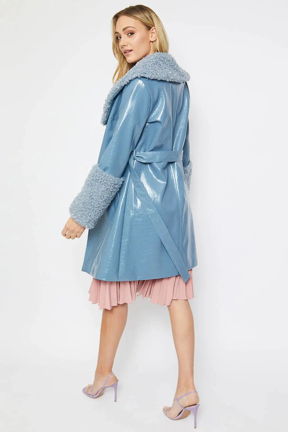 Blue Faux Leather Trench Coat with Faux Shearling Collar and Cuffs-3