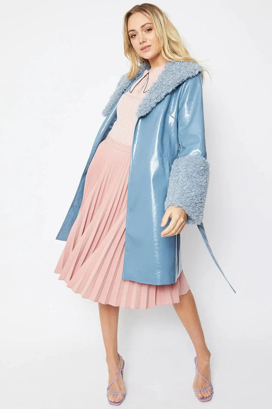 Blue Faux Leather Trench Coat with Faux Shearling Collar and Cuffs - Memoriex 