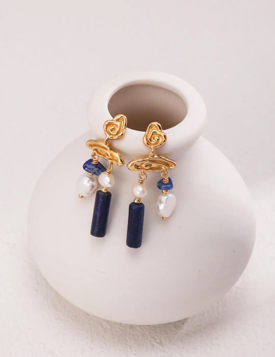 Blue Lapis Stone With Pearls Earrings - Memoriex