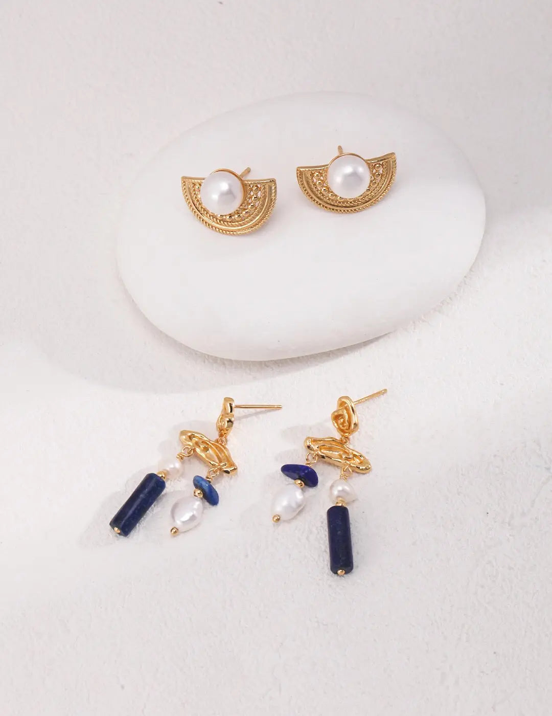 Blue Lapis Stone With Pearls Earrings - Memoriex