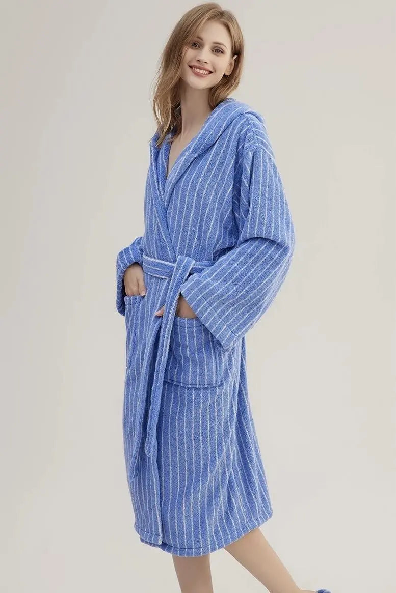 Blue Retro Hooded Stripe Bathrobe, 100% ORGANIC Long-stapled Cotton - Memoriex 