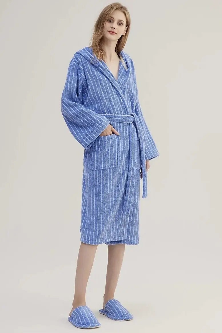 Blue Retro Hooded Stripe Bathrobe, 100% ORGANIC Long-stapled Cotton - Memoriex 