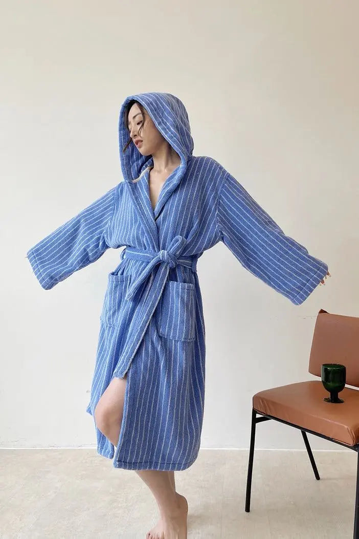 Blue Retro Hooded Stripe Bathrobe, 100% ORGANIC Long-stapled Cotton - Memoriex 