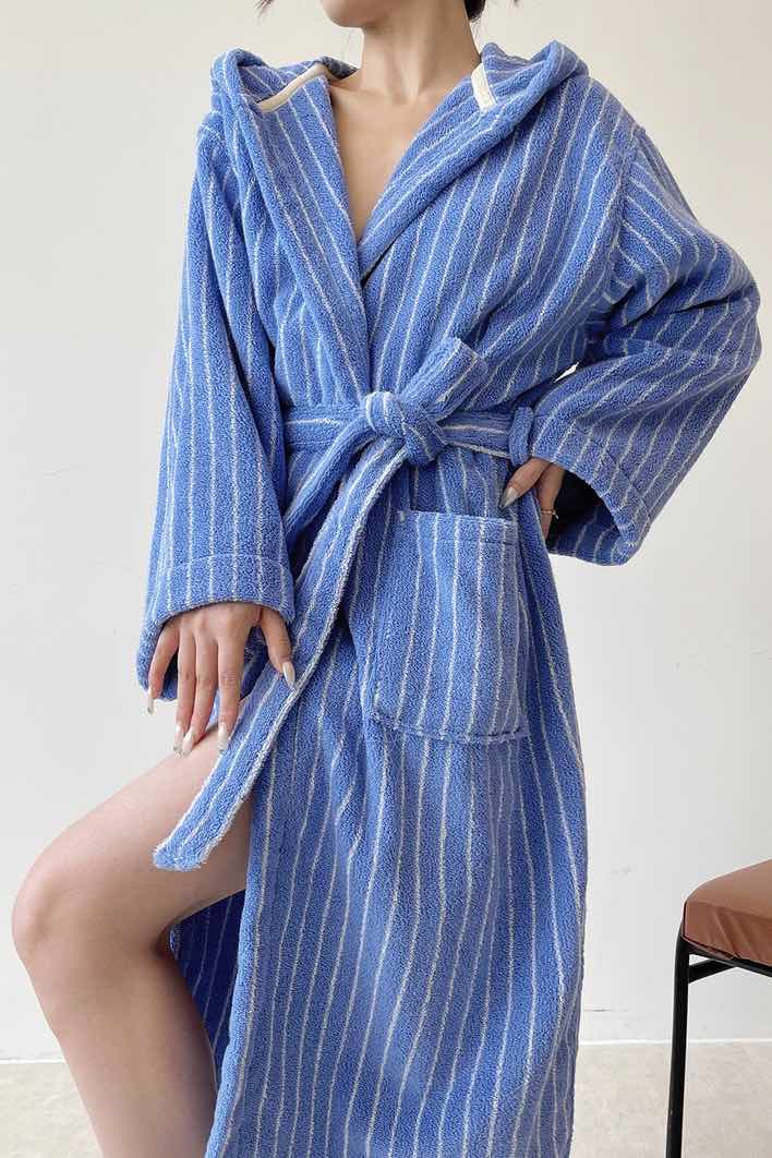 Blue Retro Hooded Stripe Bathrobe, 100% ORGANIC Long-stapled Cotton - Memoriex 