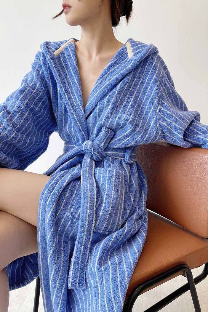 Blue Retro Hooded Stripe Bathrobe, 100% ORGANIC Long-stapled Cotton - Memoriex 