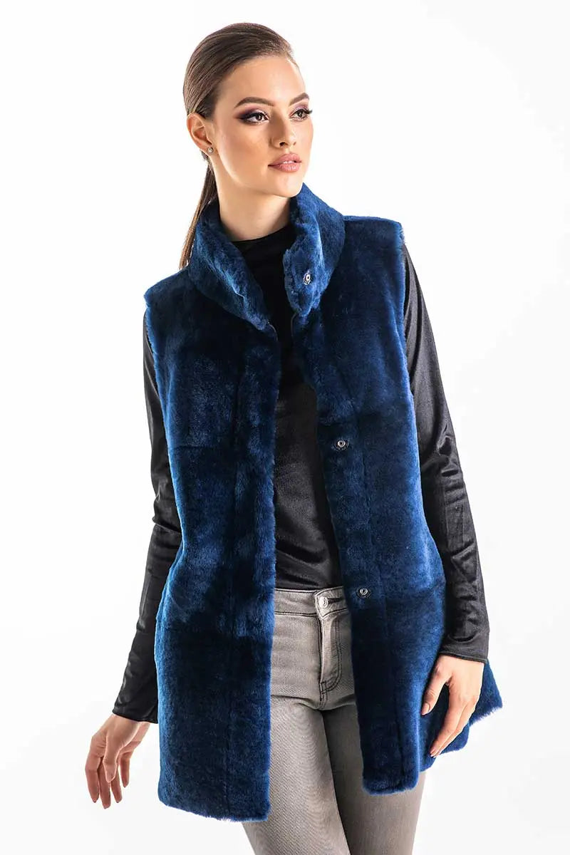 Blue Reversible Geniune Nappa Lamb Leather Mouton Fur Vest-2