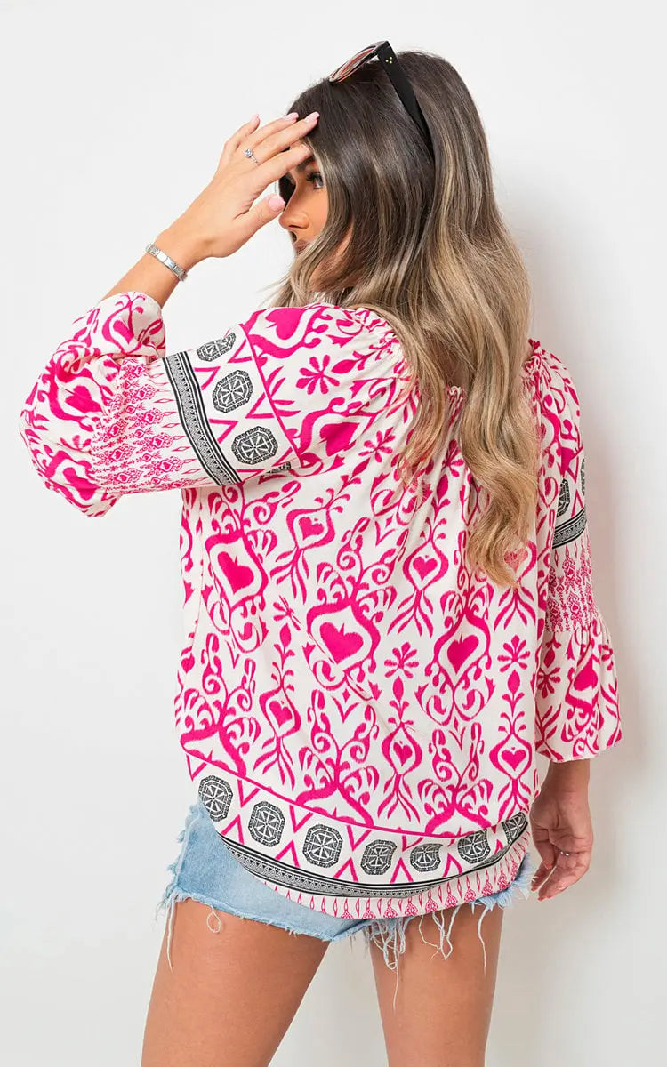 Boho Printed Tassel Tie Neck Long Sleeve Loose Tops-2