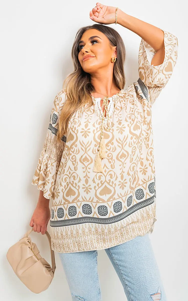 Boho Printed Tassel Tie Neck Long Sleeve Loose Tops-10