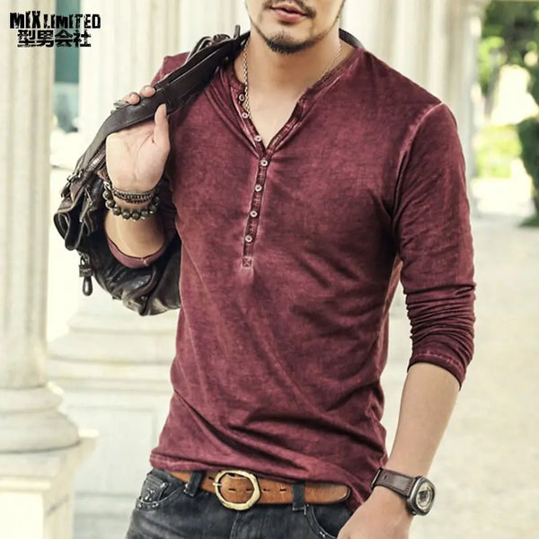 Brand Designer Men Cotton Vintage Henry T Shirts Casual Long Sleeve High quality Men old color Cardigan T shirt - Memoriex 